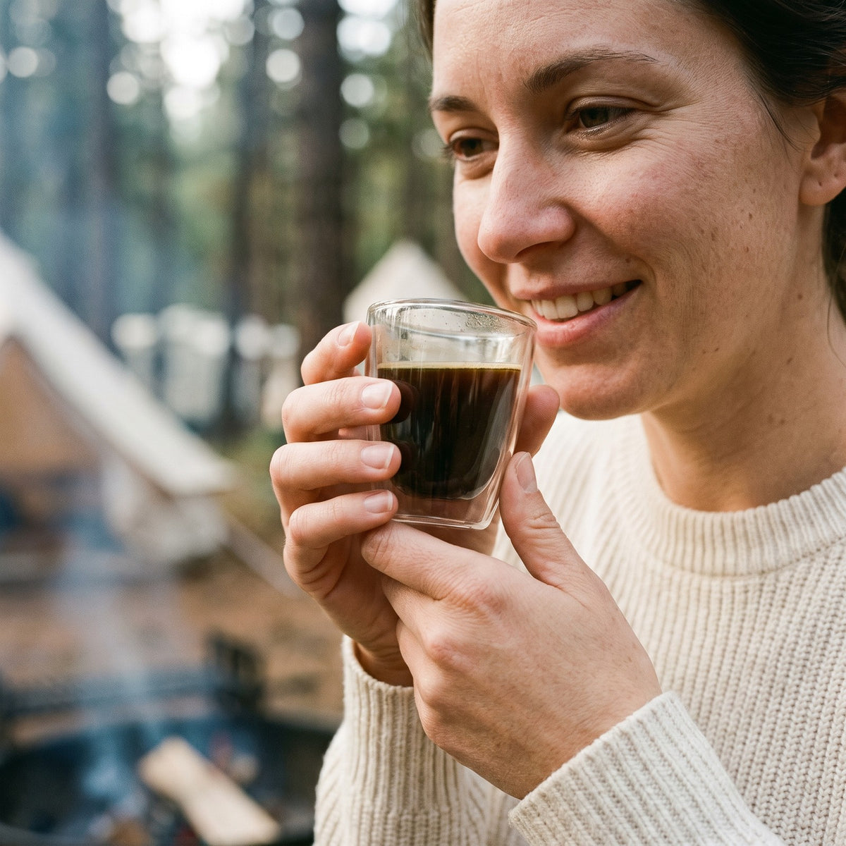 Woman holding a double wall glass espresso cup at a campsite