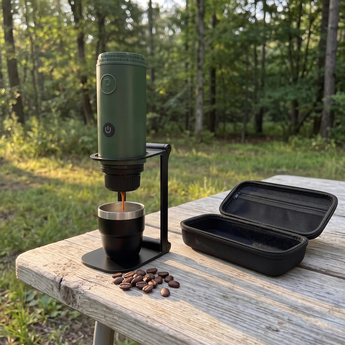 Origin on the Foldable Stand pouring espresso into a tumbler outdoors