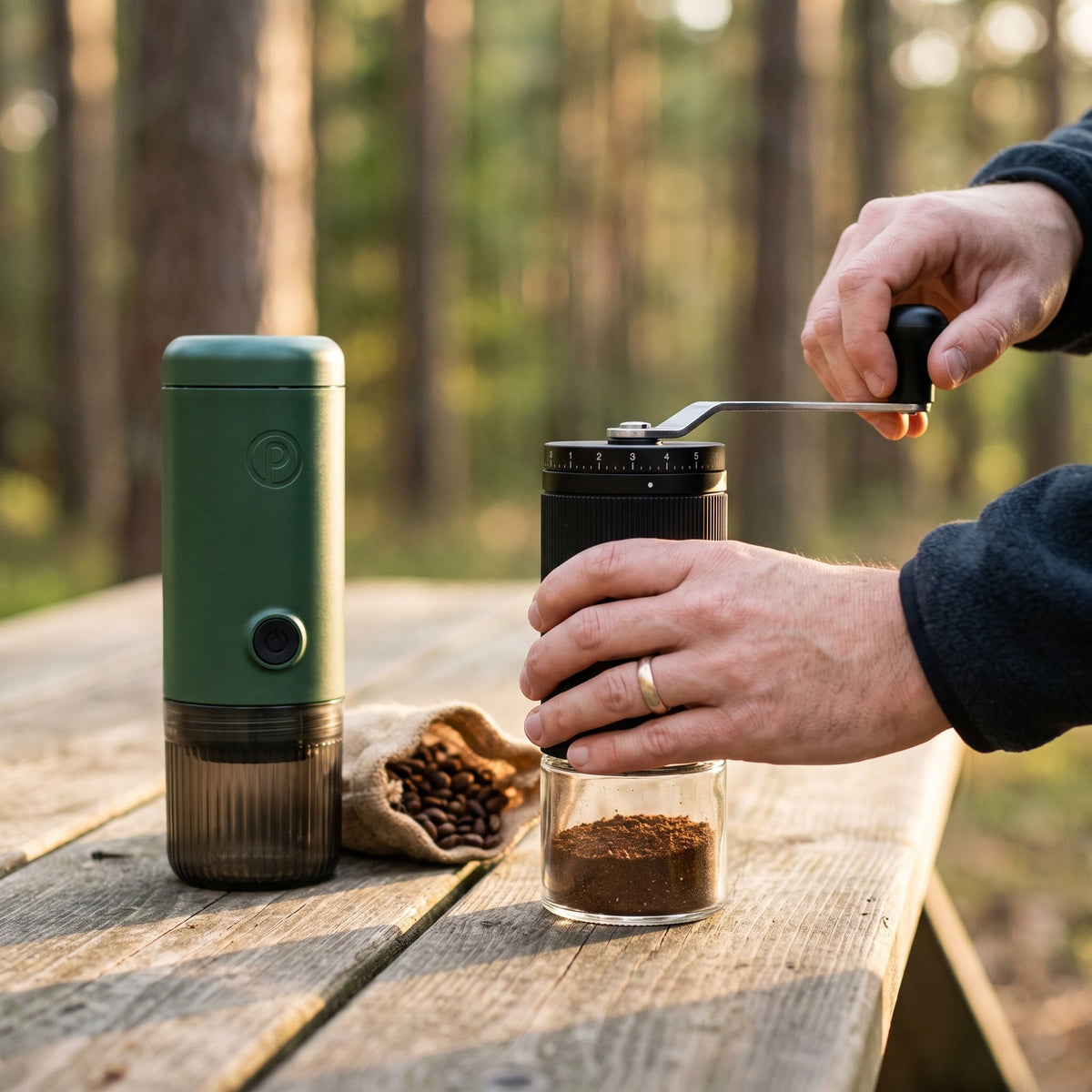 Hands grinding coffee beans next to the Forest Green Origin portable espresso maker at camp