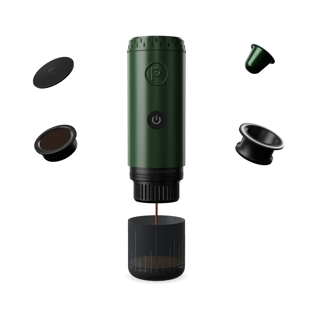 Forest Green Origin portable espresso maker with its brewing parts