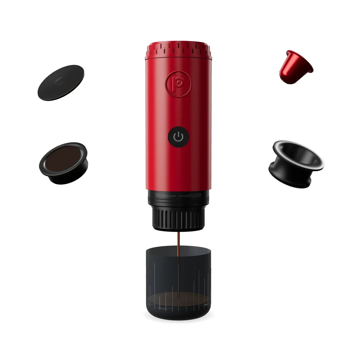 Canyon Red Origin portable espresso maker with its brewing parts
