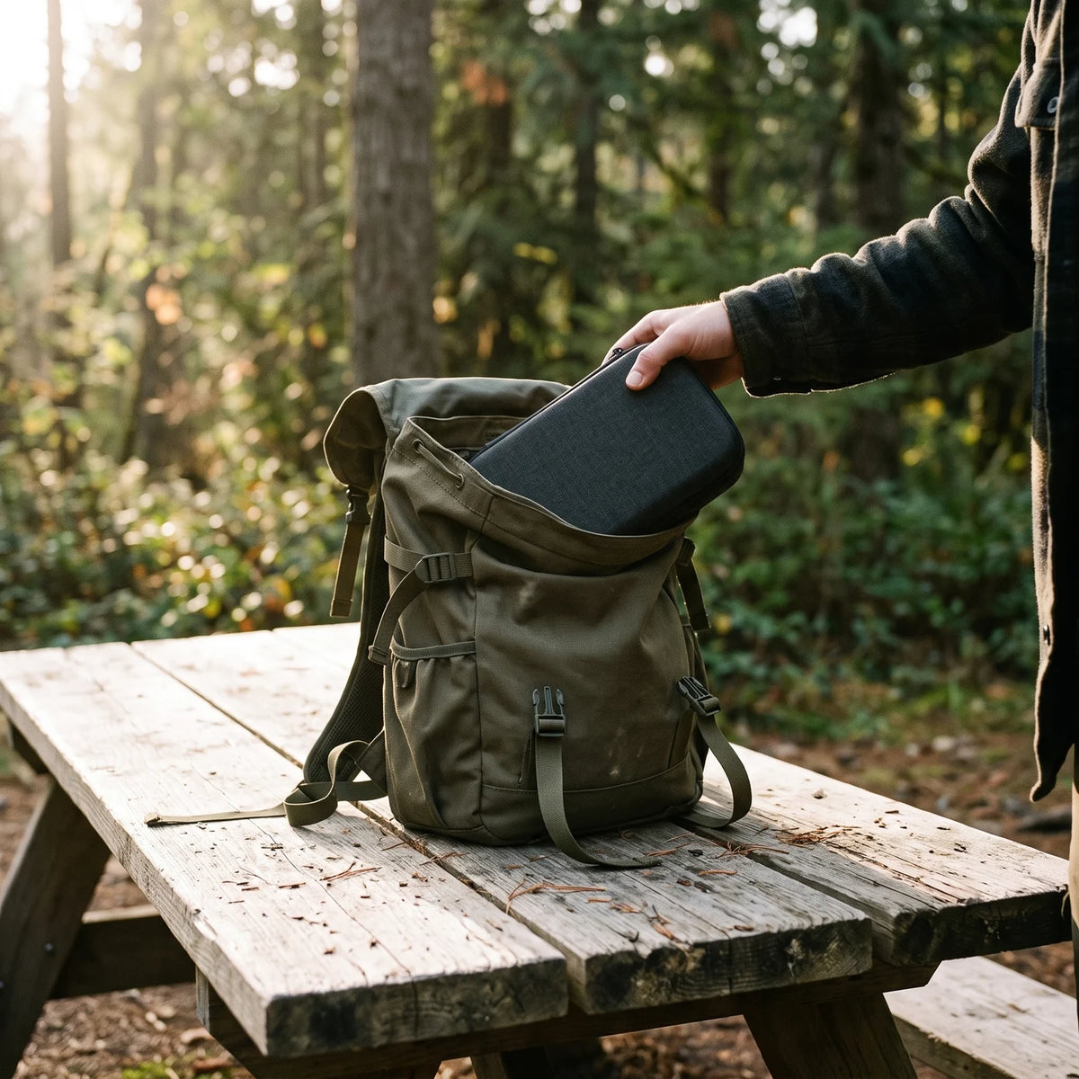 Closed Travel Case going into a backpack on a picnic table
