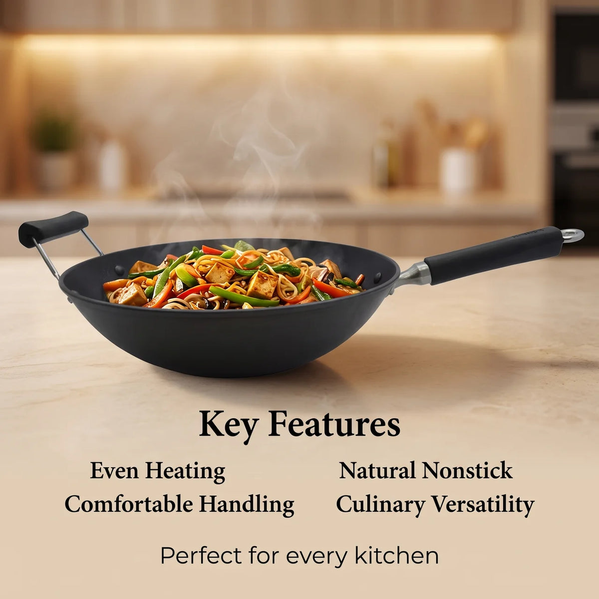 14-inch Light Cast Iron Preseasoned Wok with Cool Touch Handles