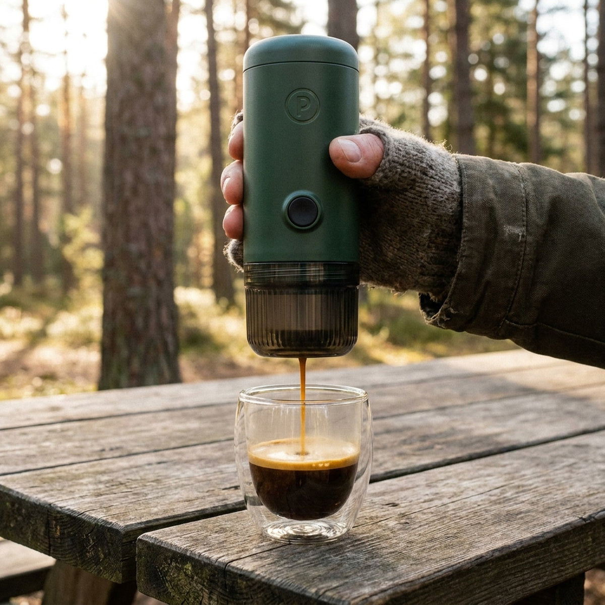 Origin portable espresso maker brewing espresso into the double wall glass outdoors