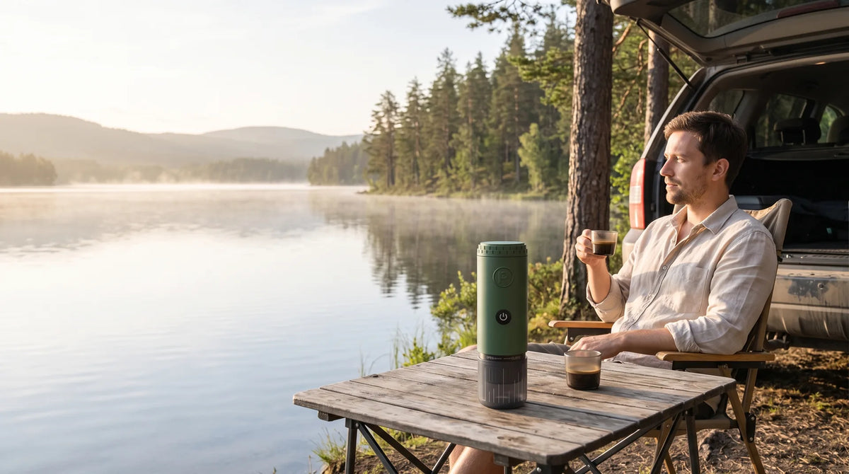 Morning by a misty lake with a forest green Origin on the camping table