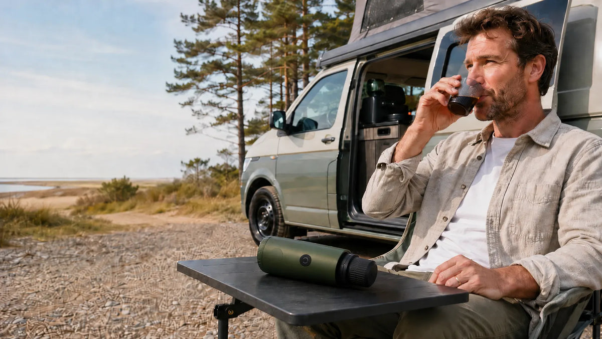 A man sipping espresso beside his camper van by the water, with Origin on the camp table