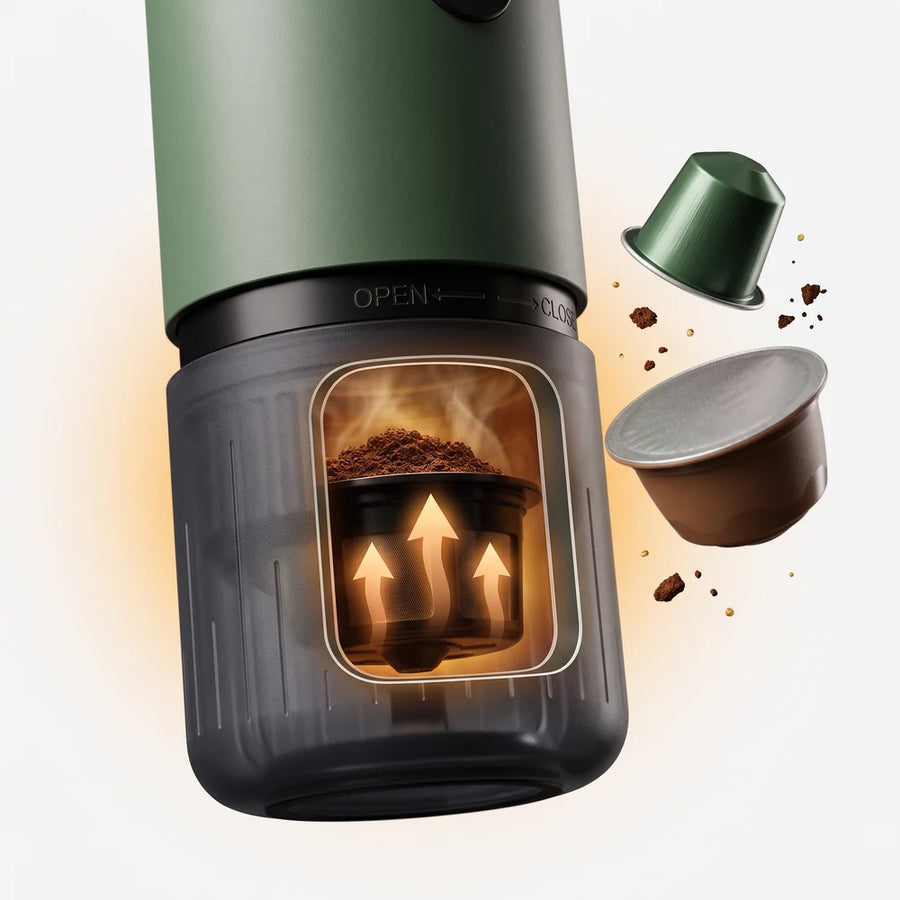 See-through view of the brew head with a basket of ground coffee, a capsule and a pod beside it