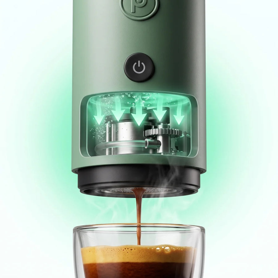 See-through view of the pump inside Origin pushing water down, an espresso pouring into a glass below