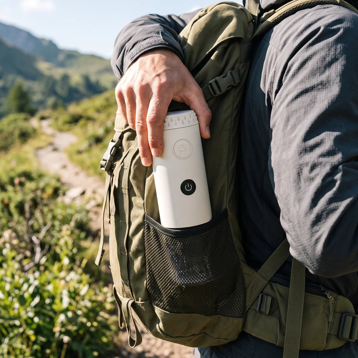 Hiker sliding a cream Origin into the side pocket of a backpack on a mountain trail