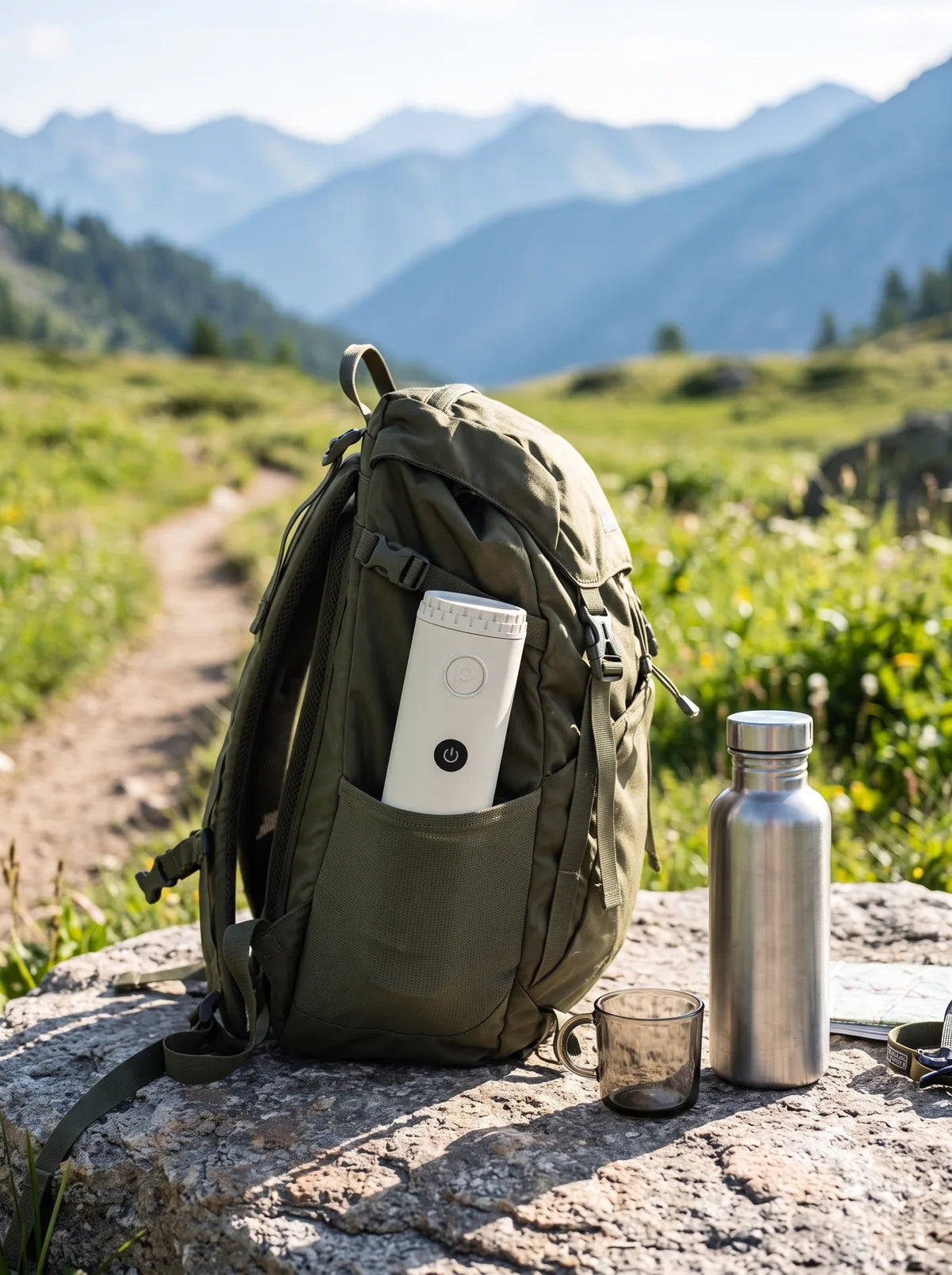 Cream Origin in a backpack pocket on a mountain trail