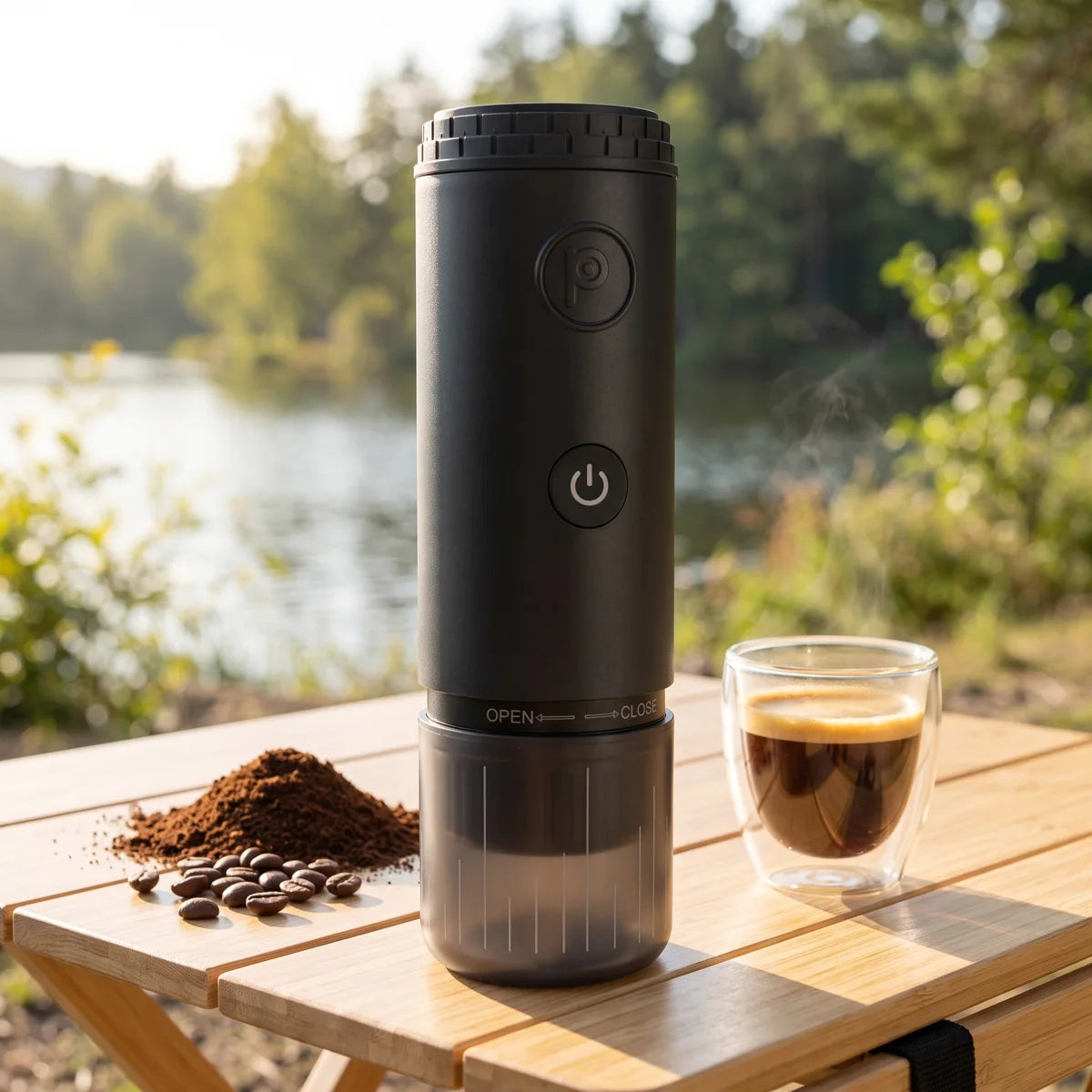 Origin on a camp table with ground coffee and a glass of espresso
