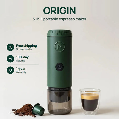3-in-1 portable coffee maker in Forest Green with an espresso, ground coffee and a capsule