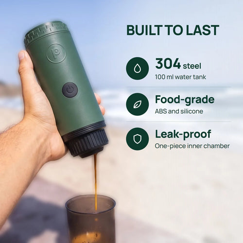 3-in-1 portable coffee maker brewing on the beach: 304 stainless steel 100 ml tank, food-grade ABS and silicone