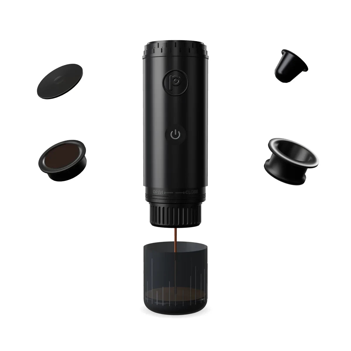 Midnight Black Origin portable espresso maker with its brewing parts
