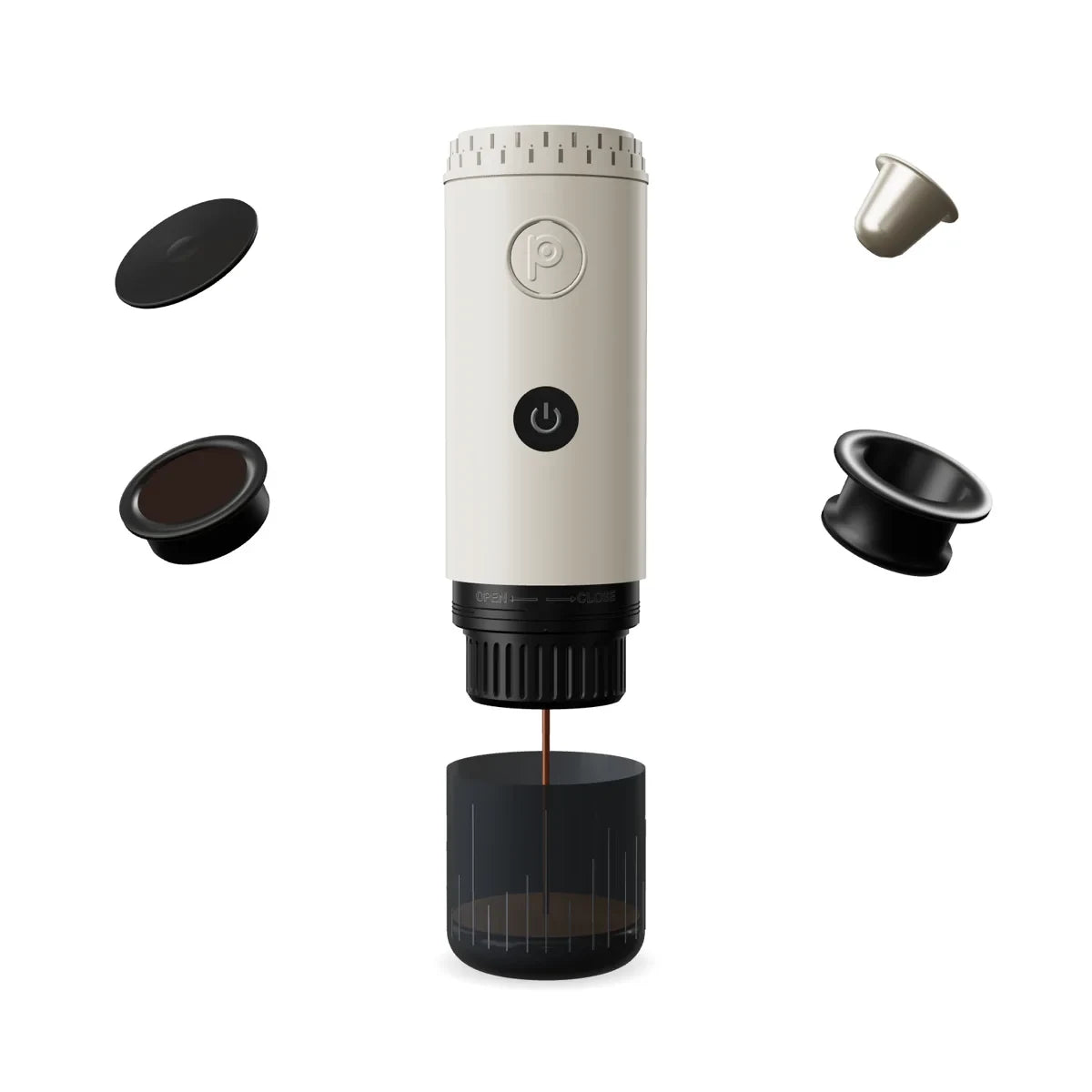 Cream Origin portable espresso maker with its brewing parts