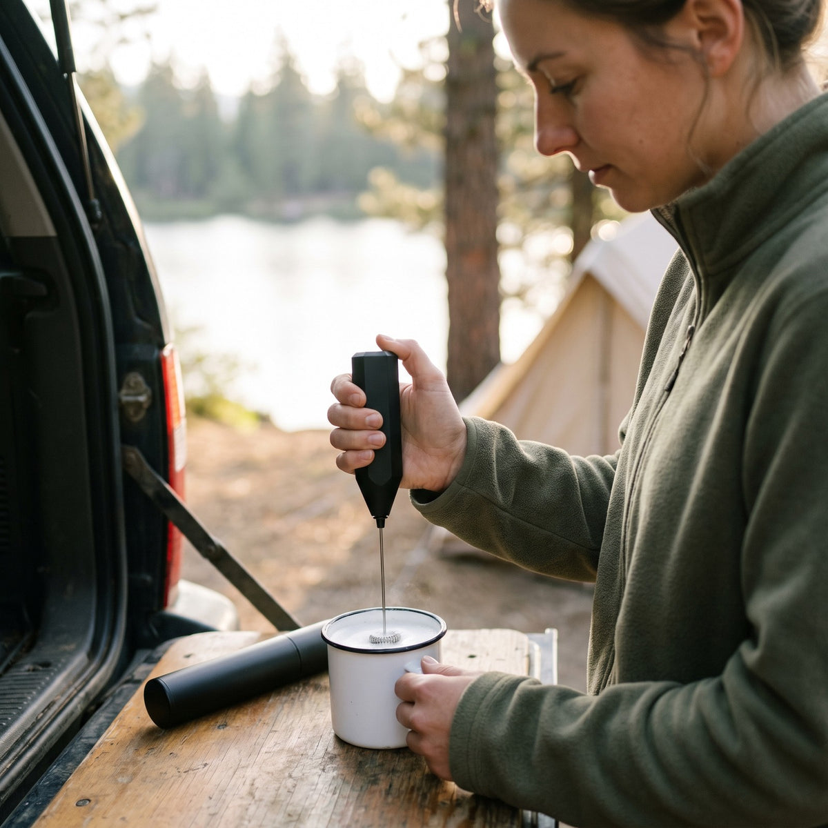 Woman frothing milk with the rechargeable milk frother at a lakeside campsite