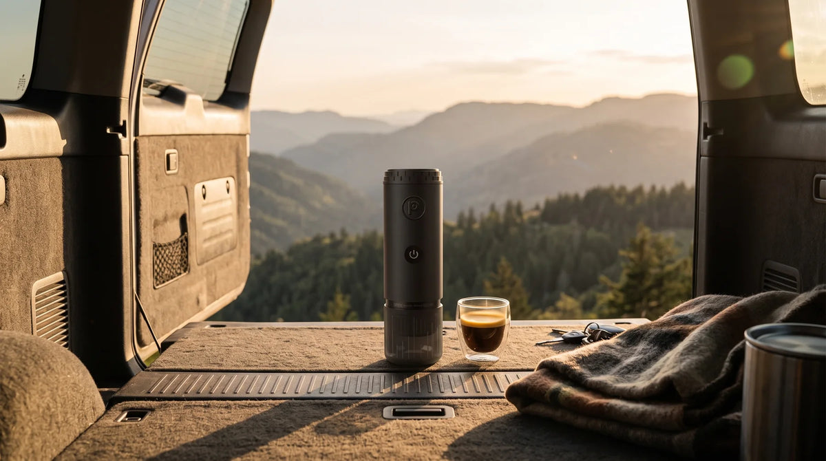 Black Origin and an espresso on the open tailgate of a car above a forested valley at sunset