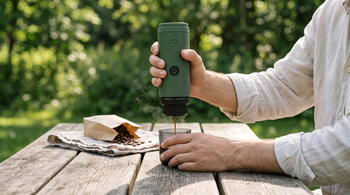Brewing with a forest green Origin at a picnic table