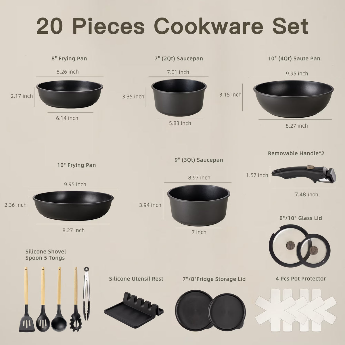 20-Piece Pots and Pans Set, Nonstick Cookware Set with Detachable Handles
